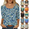 thumbnail image 1 of JTZGDY 3/4 Sleeve U Neck Tops for Women Dressy Casual Boho Floral Printed Summer Graphic Tunic T-Shirts Loose Lightweight Cotton Pullover Blouse Multicolor#07 XXL, 1 of 10