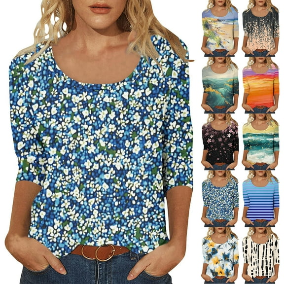 JTZGDY 3/4 Sleeve U Neck Tops for Women Dressy Casual Boho Floral Printed Summer Graphic Tunic T-Shirts Loose Lightweight Cotton Pullover Blouse Multicolor#04 XXL