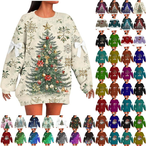 JTZGDY 3D Christmas Sweatshirts for Women Plus Size Funny Xmas Tree Santa Printed Bowknot Patchwork Long Sleeve Crew Neck Graphic T-Shirts Lightweight Oversized Baggy Pullover Tops 01-Khaki XXXXL