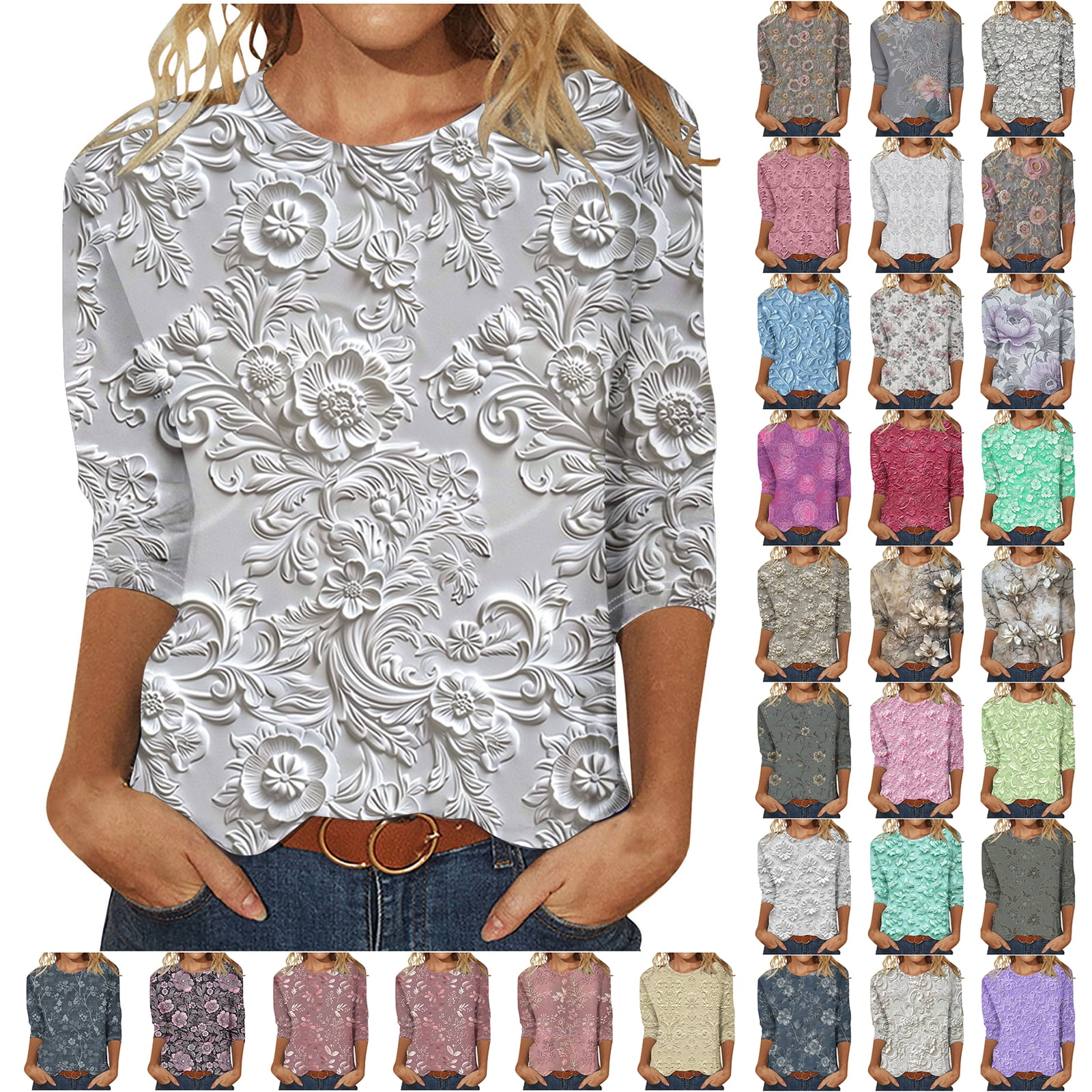 JTZGDY 3D Embroidered Floral Shirts for Women Cute Summer 3/4