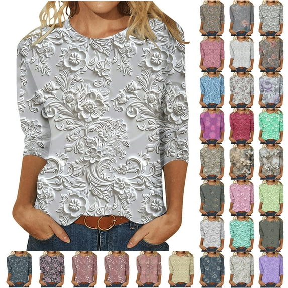 JTZGDY 3D Embroidered Floral Shirts for Women Cute Summer 3/4 Sleeve Crewneck Graphic Tunic T-Shirts Loose Fit Dressy Casual Pullover Tops Multicolor#02 M