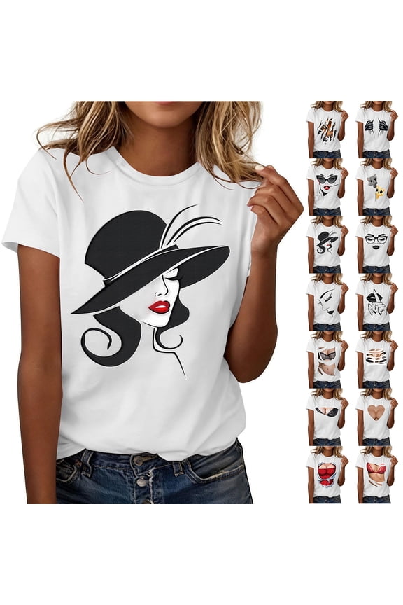 3D Novelty Tshirt for Women Cute Summer Short Sleeve Oversized Crewneck Graphic Tees Dressy Casual Plus Size Tunic Blouses White#05 XXL