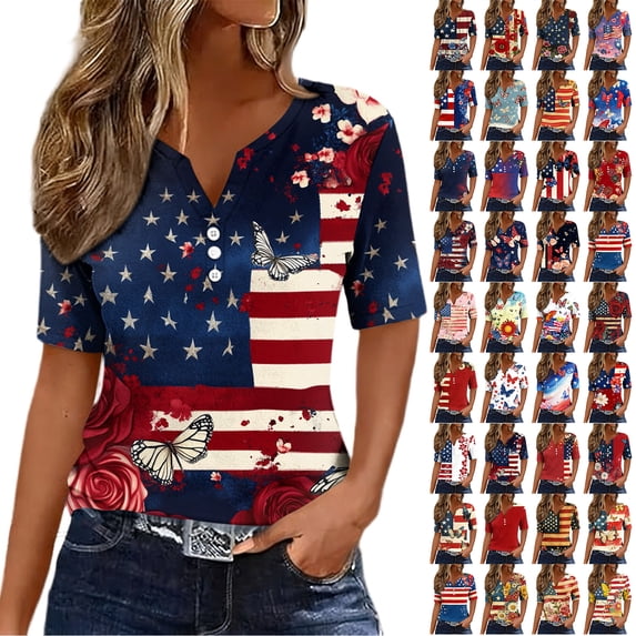 JTZGDY 4th of July Outfits for Women Plus Size Half Button V-Neck Henley Patriotic Tops Trendy Oversized Casual Short Sleeve Summer USA T-Shirt Multicolor#13 M