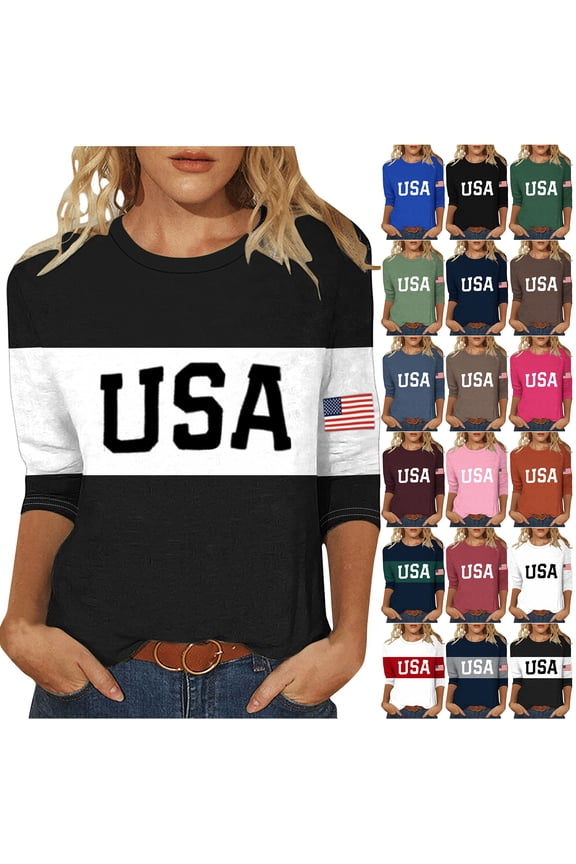 4th of July Tops for Women Fashion USA Flag Pattern Print Summer 3/4 Lenght Sleeve Crewneck Graphic 250th Patriotic Shirts Loose Oversized Comfy Tunic Blouse A-Army Green XXXL