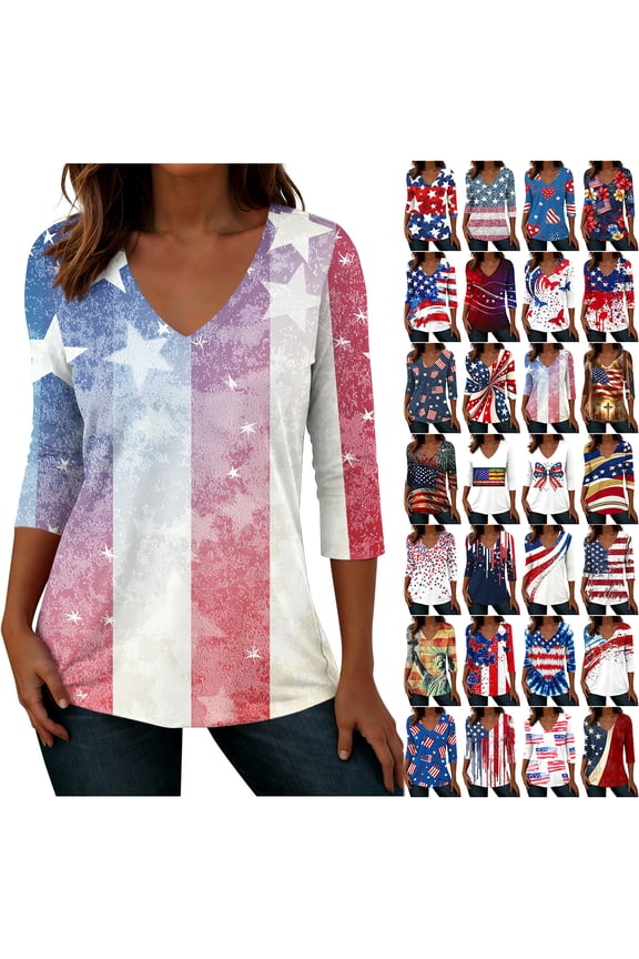 4th of July Tops for Women Fashion USA Flag Printed Summer 3/4 Sleeve V Neck Graphic Tunic Blouse Loose Fit Casual Holiday Patriotic Shirts Navy#03 XXL