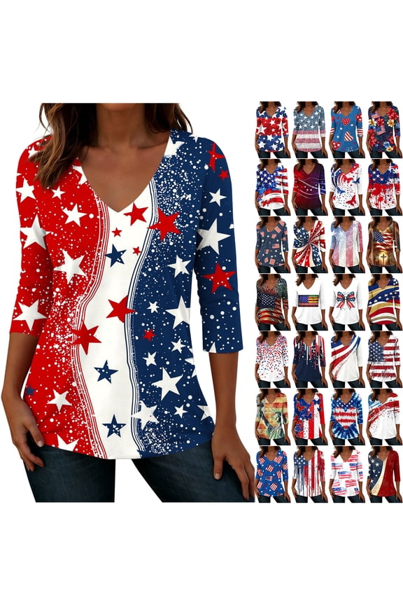 4th of July Tops for Women Fashion USA Flag Printed Summer 3/4 Sleeve V Neck Graphic Tunic Blouse Loose Fit Casual Holiday Patriotic Shirts Red#06 XL