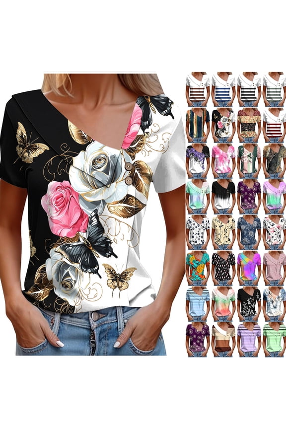 Asymmetrical Neck Tops for Women Lapel Collared Summer Short Sleeve Dressy Casual Work Business Blouse Loose Fit Basic Tunic T-Shirts