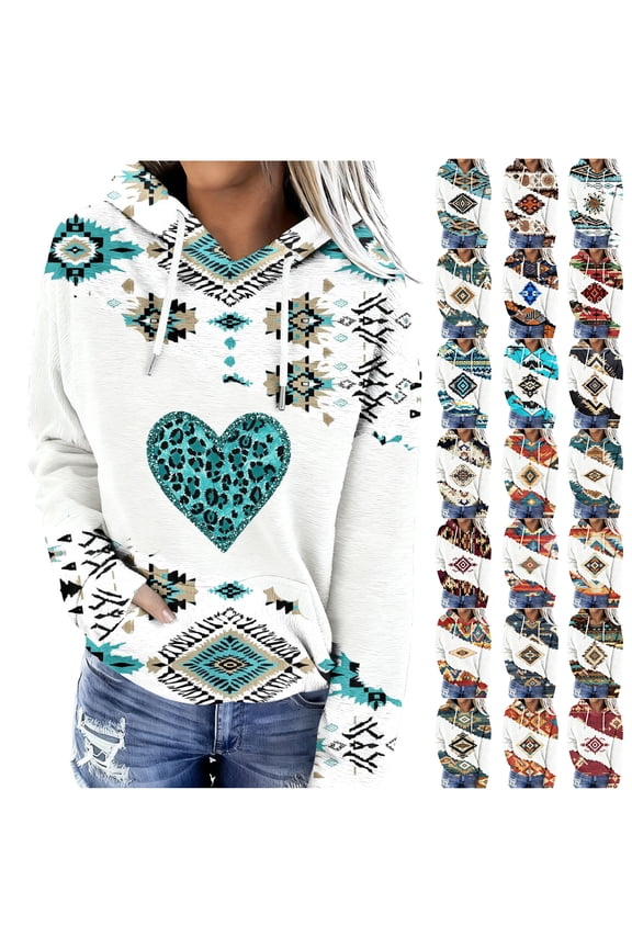 Aztec Hoodie Tops for Women Trendy Fall Long Sleeve Vintage Ethnic Style Print Drawstring Patchwork Hooded Pullover Sweatshirts Loose Fit Cozy Western Shirts with Pockets Multicolor#11 XXL