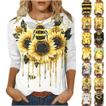 JTZGDY Bee Shirts for Women Funny Printed Plus Size Summer 3/4 Sleeve Round Neck Graphic T-Shirts Loose Oversized Casual Tunic Blouse Holiday Outfit Gift Clothes Yellow#08 S