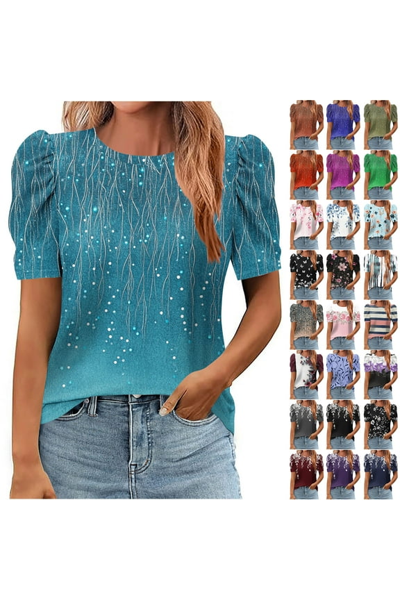 Blouse for Women Dressy Casual Puff Short Sleeve Boho Tops Fashion Floral Printed Crew Neck Tunic Shirts for Leggings Loose Fit Summer Clothes Hot Pink XL