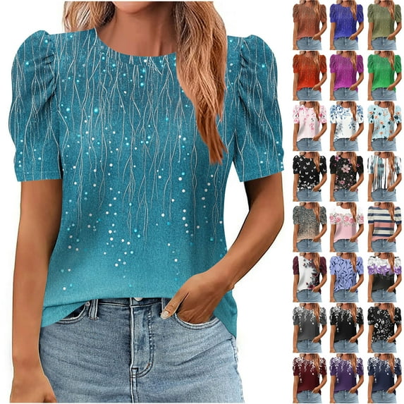 JTZGDY Blouse for Women Dressy Casual Puff Short Sleeve Boho Tops Fashion Floral Printed Crew Neck Tunic Shirts for Leggings Loose Fit Summer Clothes Multicolor#11 M