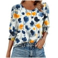 thumbnail image 1 of JTZGDY Blouses for Women Dressy Casual Floral Printed Smocked Cuffs 3/4 Length Sleeve Womens Tops Loose Fit Crewneck Basic Graphic Tunic T-Shirts Blue#02 L, 1 of 7