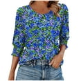 thumbnail image 1 of JTZGDY Blouses for Women Dressy Casual Floral Printed Smocked Cuffs 3/4 Length Sleeve Womens Tops Loose Fit Crewneck Basic Graphic Tunic T-Shirts Blue#04 XL, 1 of 7