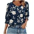 thumbnail image 1 of JTZGDY Blouses for Women Dressy Casual Floral Printed Smocked Cuffs 3/4 Length Sleeve Womens Tops Loose Fit Crewneck Basic Graphic Tunic T-Shirts Blue#08 XL, 1 of 7