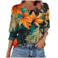 thumbnail image 1 of JTZGDY Blouses for Women Dressy Casual Floral Printed Smocked Cuffs 3/4 Length Sleeve Womens Tops Loose Fit Crewneck Basic Graphic Tunic T-Shirts Green#01 M, 1 of 7