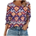 thumbnail image 1 of JTZGDY Blouses for Women Dressy Casual Floral Printed Smocked Cuffs 3/4 Length Sleeve Womens Tops Loose Fit Crewneck Basic Graphic Tunic T-Shirts Purple M, 1 of 7
