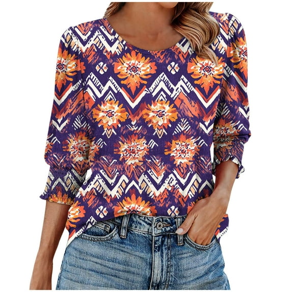 JTZGDY Blouses for Women Dressy Casual Floral Printed Smocked Cuffs 3/4 Length Sleeve Womens Tops Loose Fit Crewneck Basic Graphic Tunic T-Shirts Purple M