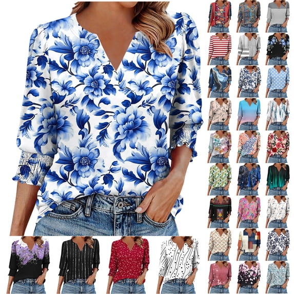 JTZGDY Blouses for Women Dressy Casual V Neck Boho Floral Printed 3/4 Smocked Cuff Sleeve Womens Tops Trendy Summer Graphic T-Shirts Brown XL