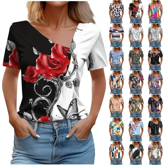 JTZGDY Boho Floral Tops for Women Cute Summer Short Sleeve Asymmetric Button V Neck Collared Business Work T-Shirts Dressy Casual Tunic Blouse Orange#01 XL