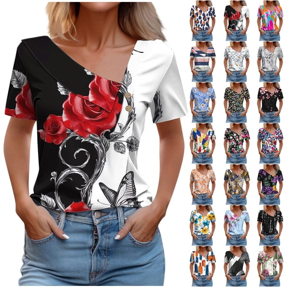 JTZGDY Boho Floral Tops for Women Cute Summer Short Sleeve Asymmetric Button V Neck Collared Business Work T-Shirts Dressy Casual Tunic Blouse Orange#03 S