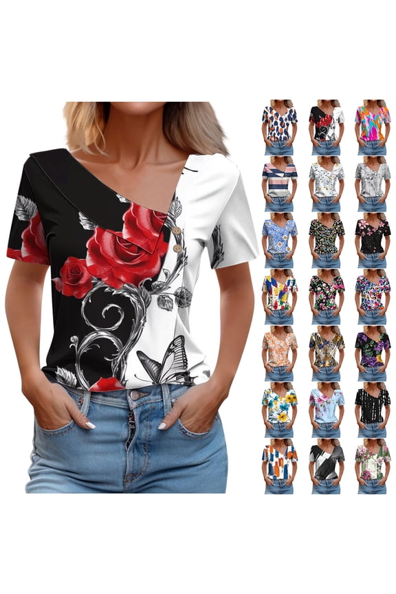 Boho Floral Tops for Women Cute Summer Short Sleeve Asymmetric Button V Neck Collared Business Work T-Shirts Dressy Casual Tunic Blouse Silver L