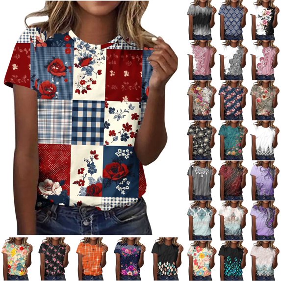 JTZGDY Boho Floral Tops for Women Loose Fit Casual Summer Short Sleeve Vintage Printed Crewneck Basic Workout Tees Shirt Trendy Oversized Pullover Tops Multicolor#03 XXXL