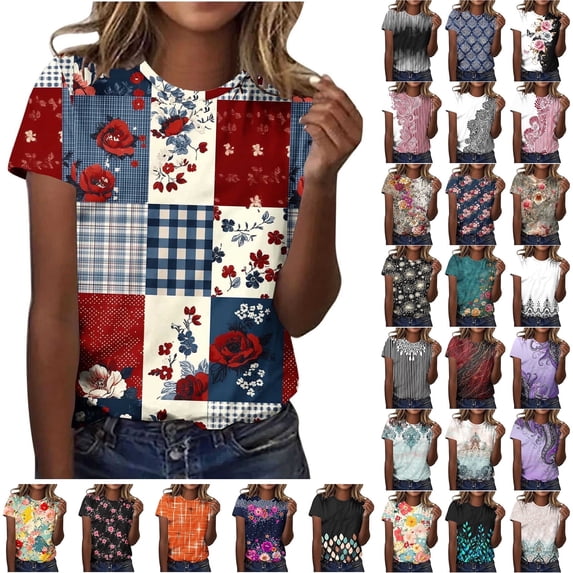 JTZGDY Boho Floral Tops for Women Loose Fit Casual Summer Short Sleeve Vintage Printed Crewneck Basic Workout Tees Shirt Trendy Oversized Pullover Tops Multicolor#22 XL