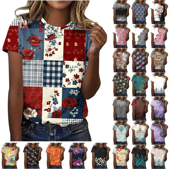JTZGDY Boho Floral Tops for Women Loose Fit Casual Summer Short Sleeve Vintage Printed Crewneck Basic Workout Tees Shirt Trendy Oversized Pullover Tops Multicolor#07 XXXL
