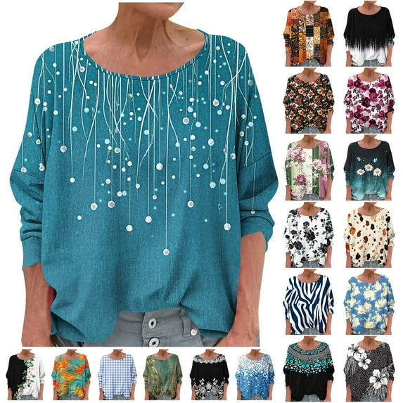 JTZGDY Boho Tops for Women Dressy Casual Floral Printed Summer Long Sleeve Crewneck Graphic T-Shirts Loose Oversized Soft Cotton Tunic Blouse Green M