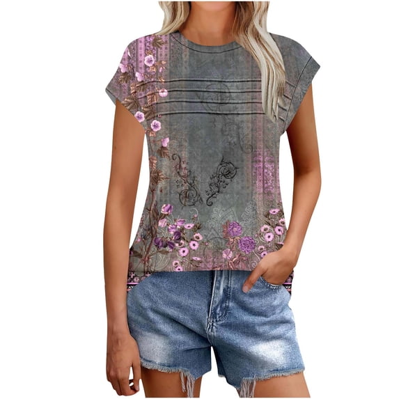JTZGDY Boho Tops for Women Trendy 2025 Summer Cap Sleeve Ruched Pleated Crew Neck Tunic Blouse Dressy Casual Graphic T-Shirts Purple L