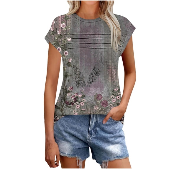 JTZGDY Boho Tops for Women Trendy 2025 Summer Cap Sleeve Ruched Pleated Crew Neck Tunic Blouse Dressy Casual Graphic T-Shirts Red XXL