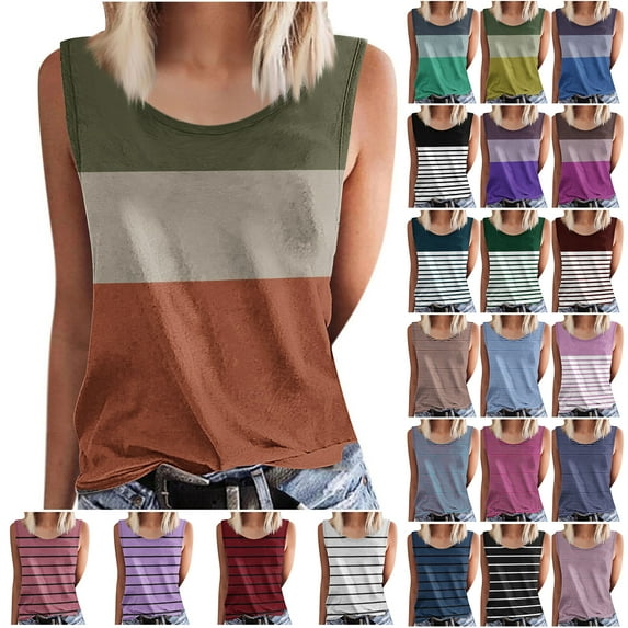 JTZGDY Cami Shirts for Women Loose Fit Casual Summer Sleeveless Round Neck Striped Color Block Print Tank Tops Trendy Cozy Beach Vacation Tees Blouse A04-Pink XXXXL