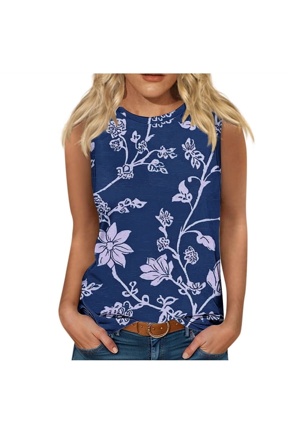 Cami Shirts for Women Vintage Floral Pattern Print Summer Sleeveless Crewneck Graphic T-Shirts Trendy Cozy Workout Tank Tops Navy XXL