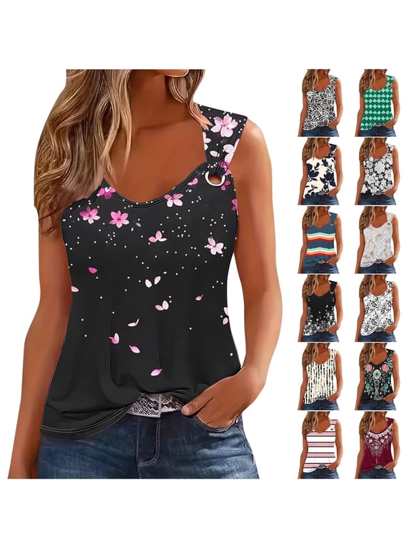 Cami Tank Tops for Women Loose Fit Casual Summer Sleeveless Strappy Cold Shoulder Tunic Vest Trendy Holiday Beach Vacation Tees Shirt Black#06 M