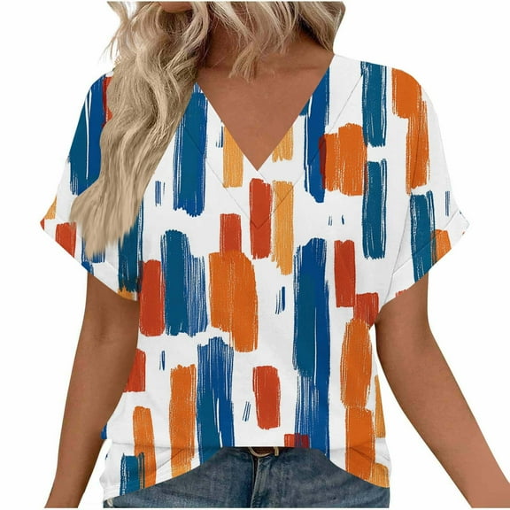 JTZGDY Casual V Neck Floral Graphic T-Shirts for Women Dressy Summer Short Sleeve Tunic Tees Loose Oversized Comfy Pullover Tops Orange#02 M