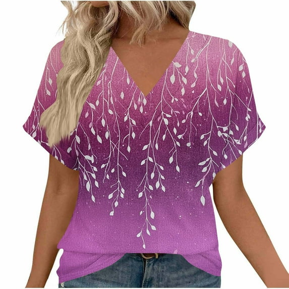 JTZGDY Casual V Neck Floral Graphic T-Shirts for Women Dressy Summer Short Sleeve Tunic Tees Loose Oversized Comfy Pullover Tops Purple M