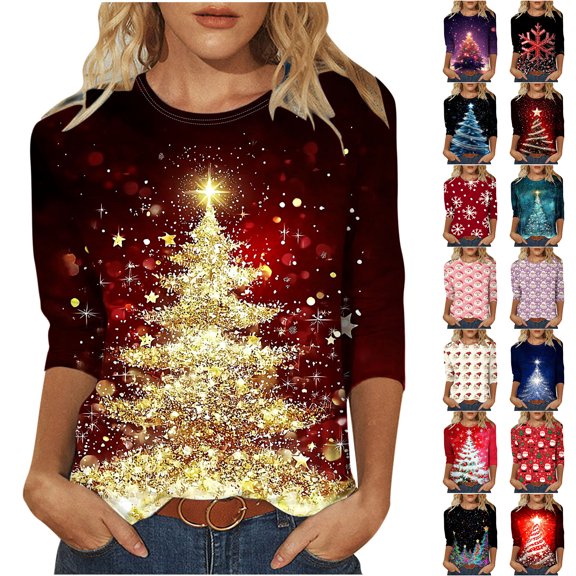JTZGDY Christmas T-Shirts for Women Plus Size Casual Xmas Tree/Santa Claus Printed 3/4 Length Sleeve Crewneck Graphic Holiday Tees Lightweight Oversized Dressy Tunic Blouse Tops Purple#01 XXXL