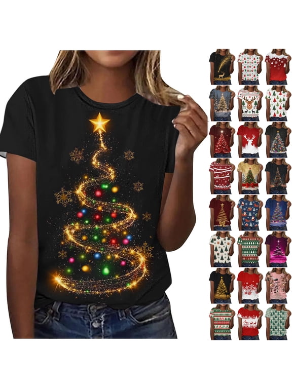 Christmas Tops for Women Novelty Printed Short Sleeve Crewneck Xmas Graphic T-Shirts Loose Oversized Casual 2026 Festive Pattern Tunic Blouse