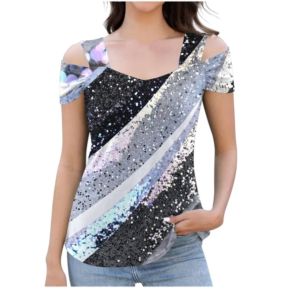 JTZGDY Cold Shoulder Tops for Women Cute Floral Pattern Printed Summer Short Sleeve V Neck Basic Tunic Tees Loose Flowy Cozy Tshirt Blouse Gray#01 S