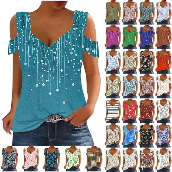 JTZGDY Cold Shoulder Tunic Tops for Women Summer Slim Fit Shirts Sexy V Neck Short Sleeve Casual Graphic Workout Tees Ladies Dressy Fold Blouses Dark Blue L