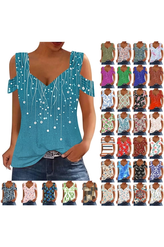 Cold Shoulder Tunic Tops for Women Summer Slim Fit Shirts Sexy V Neck Short Sleeve Casual Graphic Workout Tees Ladies Dressy Fold Blouses Green#02 L