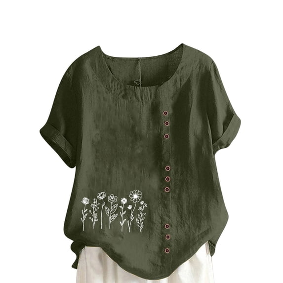 JTZGDY Cotton Linen Tops for Womens 2025 Crewneck Roll Up Short Sleeve Oversized Baggy Tshirt Trendy Floral Print Casual Loose Fitted Blouse Army Green L
