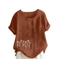 thumbnail image 1 of JTZGDY Cotton Linen Tops for Womens 2025 Crewneck Roll Up Short Sleeve Oversized Baggy Tshirt Trendy Floral Print Casual Loose Fitted Blouse Coffee XXXL, 1 of 4