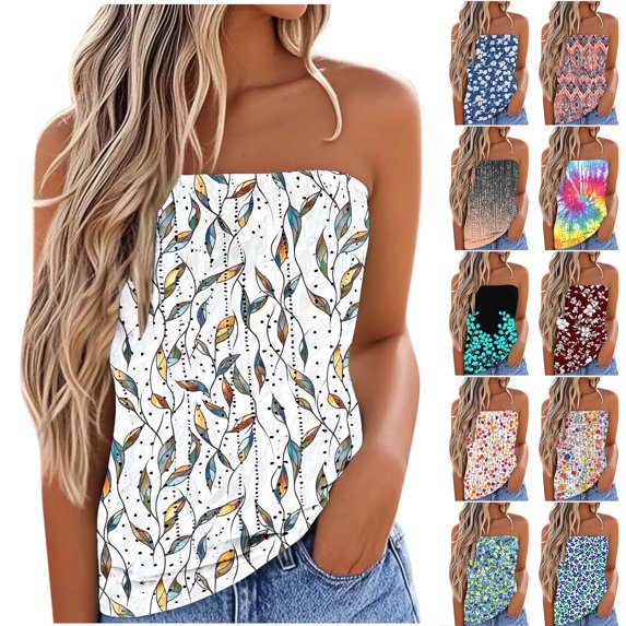 JTZGDY Crochet Tube Tops for Women Cute Summer Floral Printed Y2K Sleeveless Tanks Strapless Business Casual Bandeau Crop Top Khaki XL