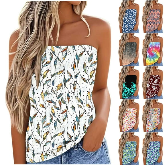 JTZGDY Crochet Tube Tops for Women Cute Summer Floral Printed Y2K Sleeveless Tanks Strapless Business Casual Bandeau Crop Top Red#01 M