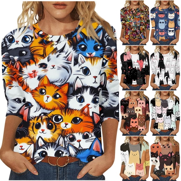 JTZGDY Cute Cat Print Summer T-Shirts for Women Loose Fit Dressy Casual 3/4 Length Sleeve Crewneck Graphic Tunic Tees Blouse Trendy Comfy Pullover Tops Orange S