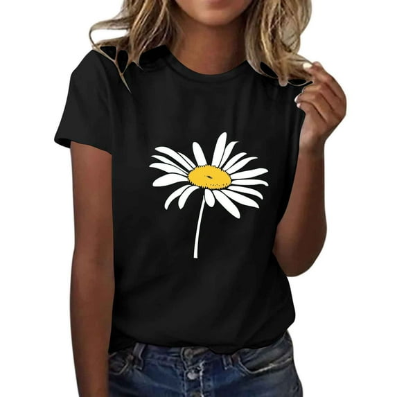 JTZGDY Cute Daisy Flower Print Summer T-Shirts for Women Short Sleeve Casual Graphic Tunic Tees Shirt Loose Pullover Blouse A#12-Black XL