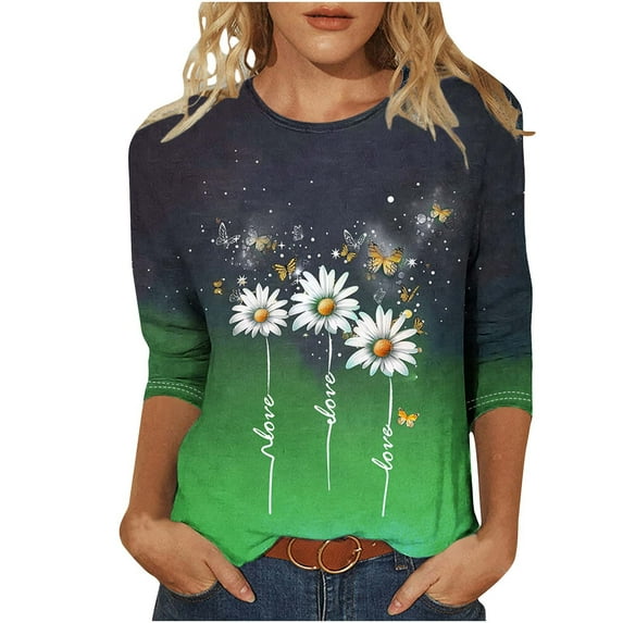 JTZGDY Cute Daisy Print Summer T-Shirts for Women Loose Fit Casual Graphic 3/4 Length Sleeve Crewneck Graphic Tunic Blouse Lightweight Soft Cotton Tees Tops Green XXXXXL