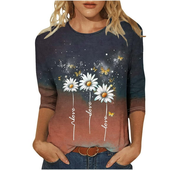 JTZGDY Cute Daisy Print Summer T-Shirts for Women Loose Fit Casual Graphic 3/4 Length Sleeve Crewneck Graphic Tunic Blouse Lightweight Soft Cotton Tees Tops Orange XXL