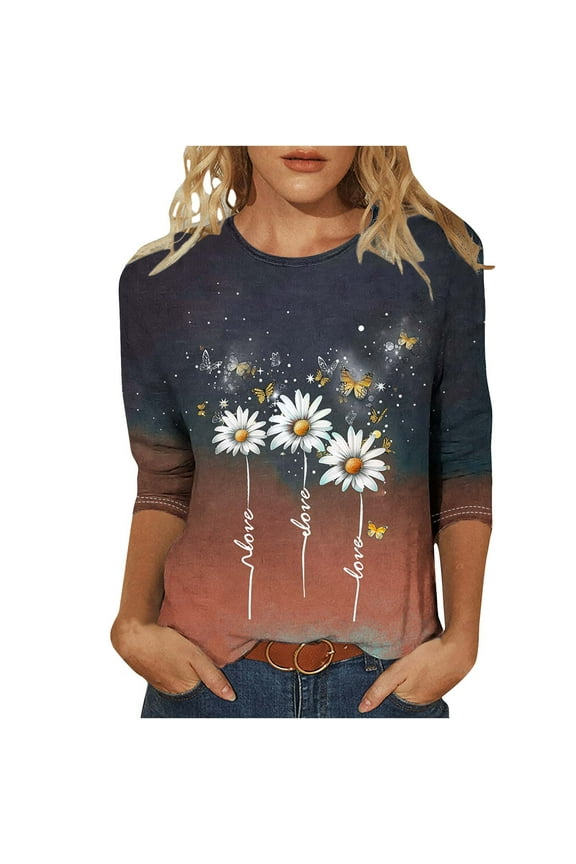 Cute Daisy Print Summer T-Shirts for Women Loose Fit Casual Graphic 3/4 Length Sleeve Crewneck Graphic Tunic Blouse Lightweight Soft Cotton Tees Tops Orange L
